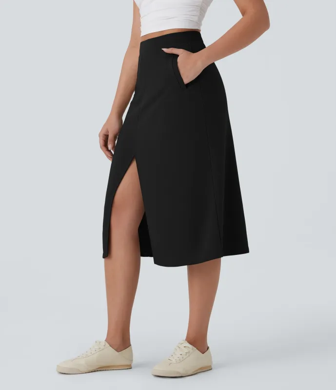 Halara Falda midi casual de tiro alto con abertura y bolsillos laterales - Black - XS(regular) sold by Halara