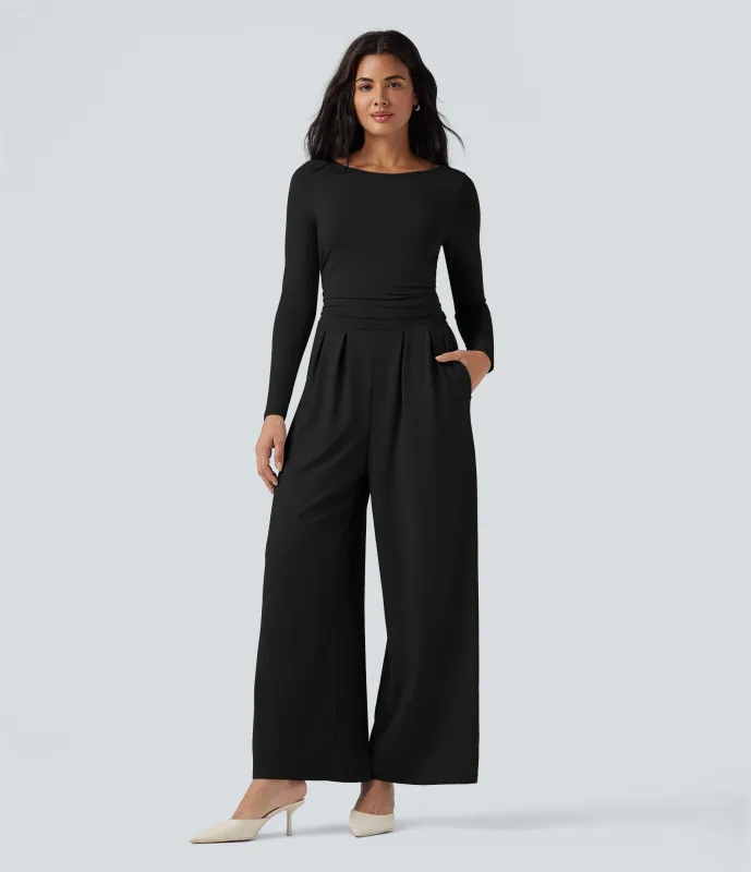 Halara Jumpsuit casual ancho de cuello barco y manga larga con bolsillos (edición Easy Peezy) - Black - L(regular) made by Halara