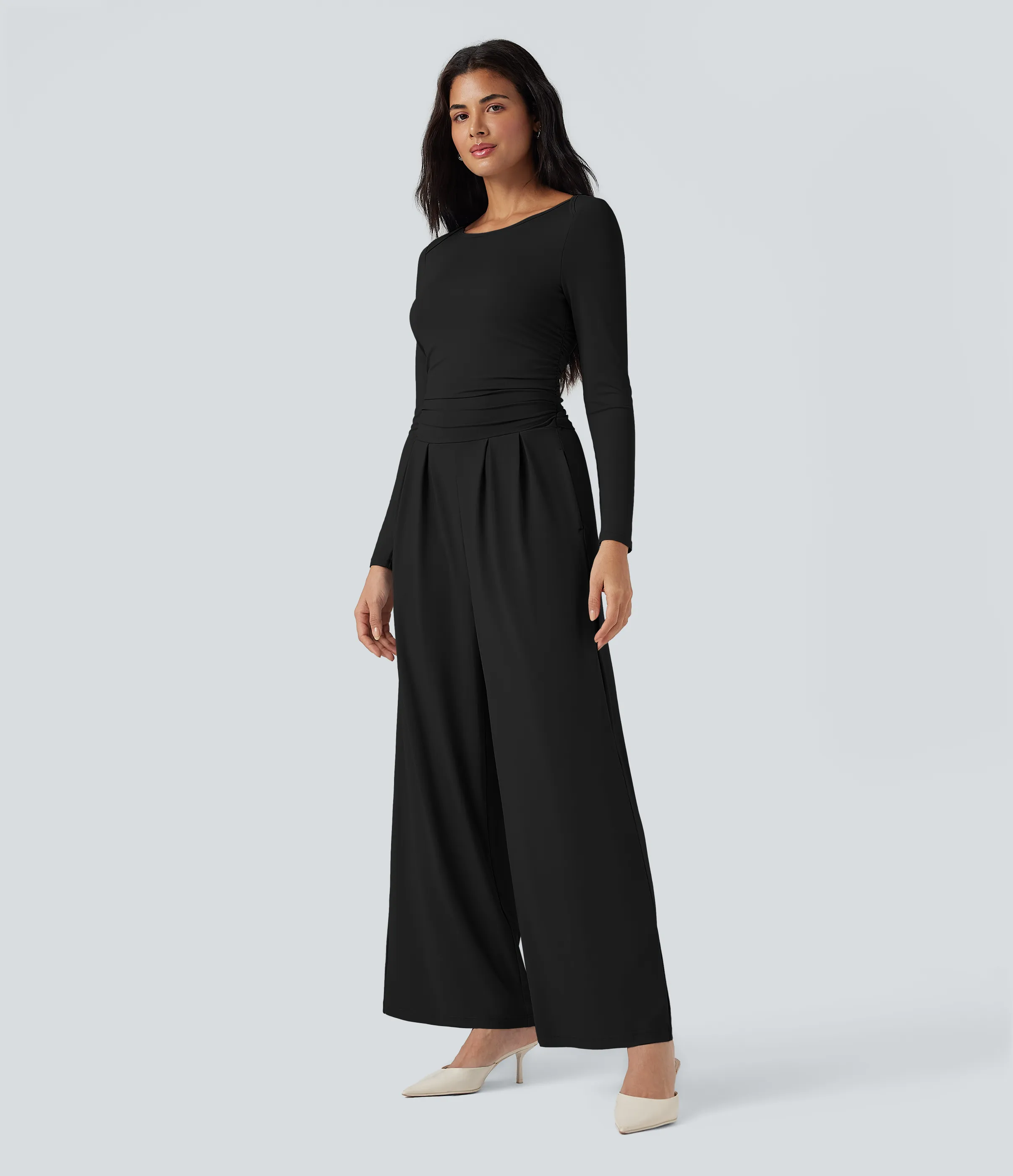 Halara Jumpsuit casual ancho de cuello barco y manga larga con bolsillos (edición Easy Peezy) - Black - L(regular) sold by Halara product image thumbnail 4