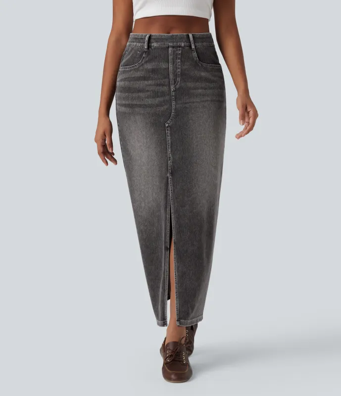 Halara Falda maxi casual recta Halara Flex™ de mezclilla lavada de tiro alto con bolsillos - Cool Gray Denim - XL(regular) sold by Halara