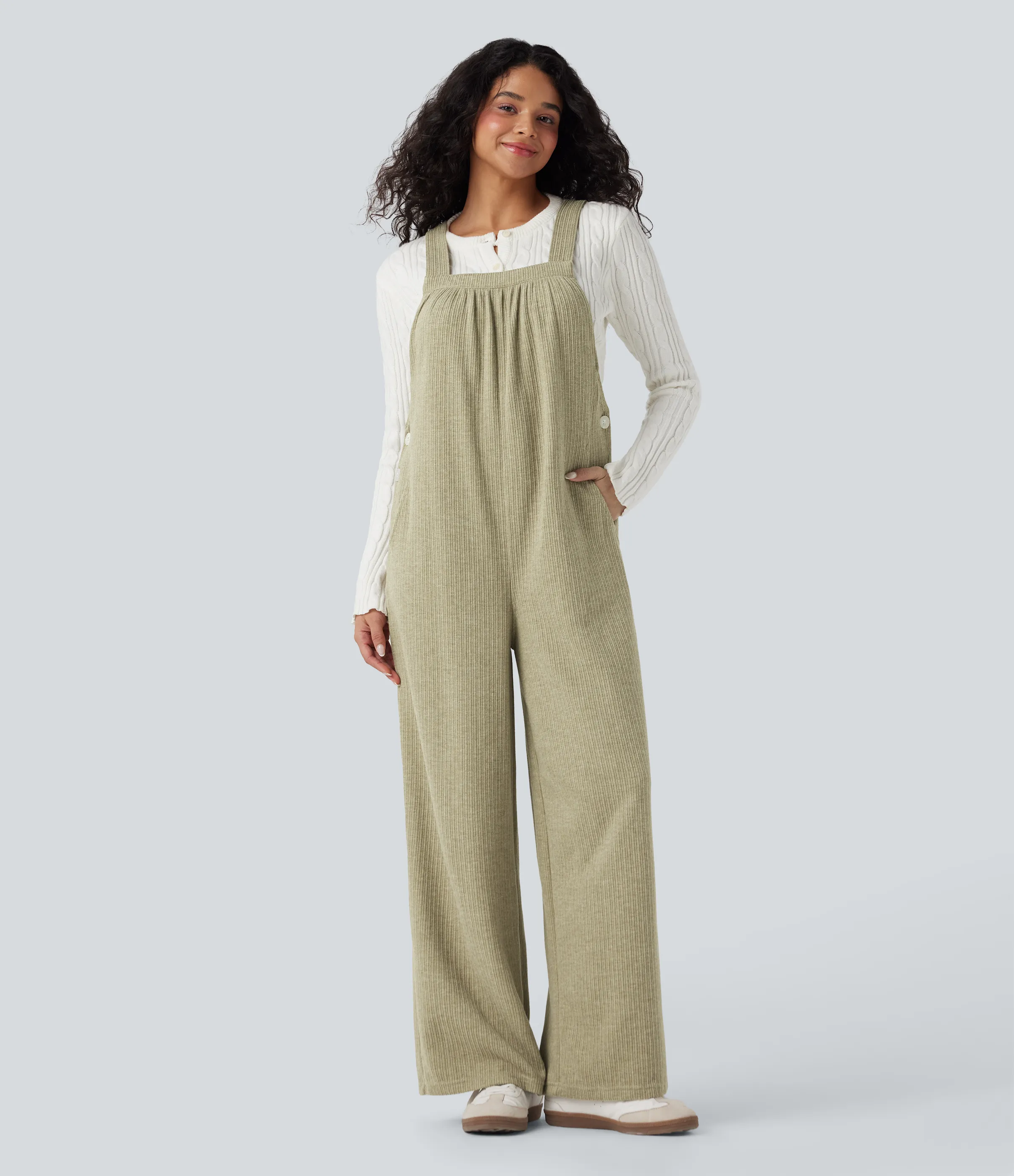 Halara Jumpsuit casual de cuello cuadrado acanalado con bolsillos - Gray Green - M(regular) sold by Halara