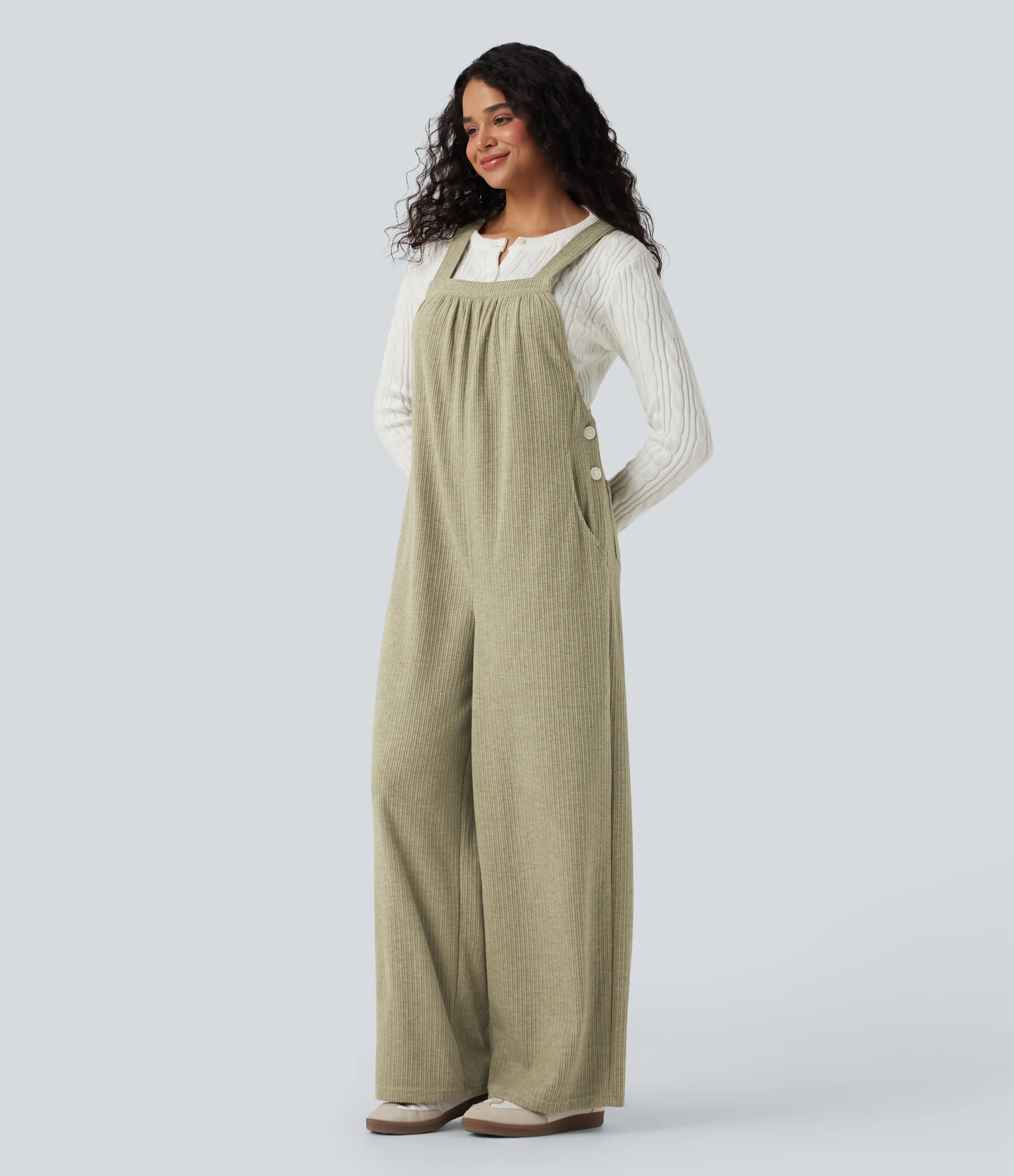 Halara Jumpsuit casual de cuello cuadrado acanalado con bolsillos - Gray Green - M(regular) sold by Halara product image thumbnail 4