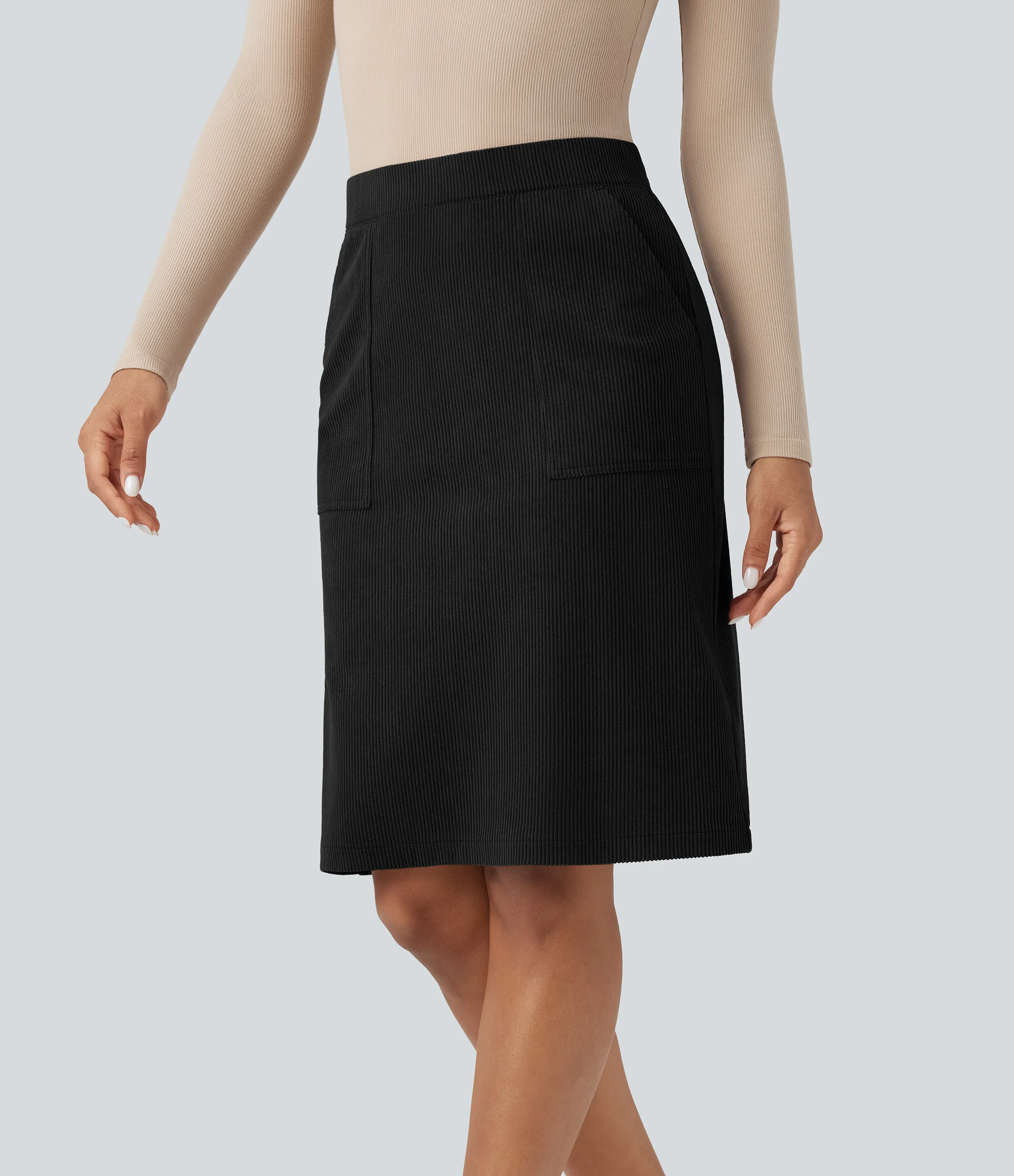 Halara Falda casual de pana con abertura en corte de A y cintura alta con bolsillos - Black - S(regular) sold by Halara product image thumbnail 4