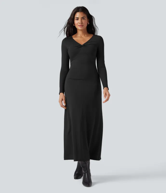 Halara Vestido maxi casual de manga larga con cuello en V - Black - XS sold by Halara