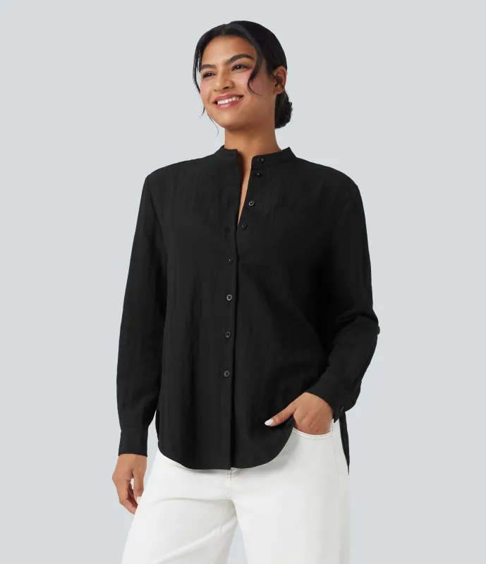 Halara Camisa casual de manga larga con dobladillo curvo y bolsillo - Black - XS sold by Halara