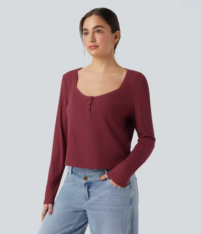 Halara Top casual de manga larga con cuello henley y punto acanalado - Ruby Wine - L sold by Halara
