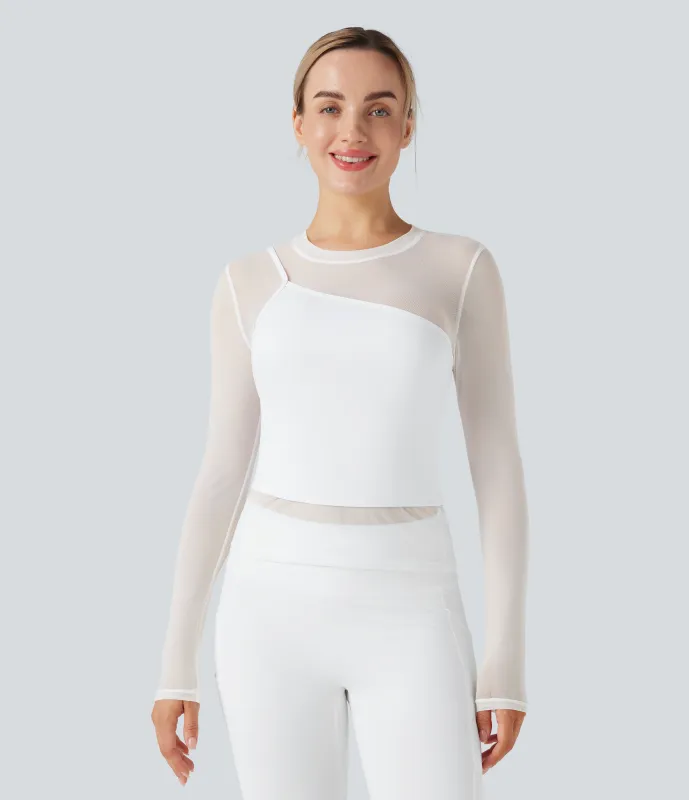 Halara Top deportivo de yoga 2 en 1 de malla en contraste con cuello redondo y manga larga - White - XL sold by Halara