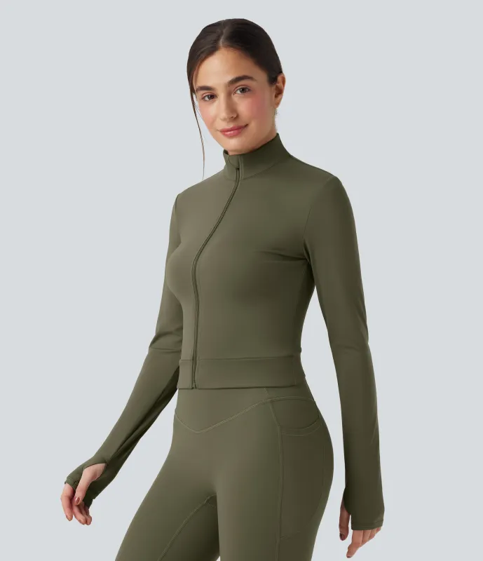 Halara Chamarra de yoga SoftlyZero™ de felpa con cuello alto y manga larga con abertura para los pulgares y espalda cruzada  - Grass Grey Green - M sold by Halara