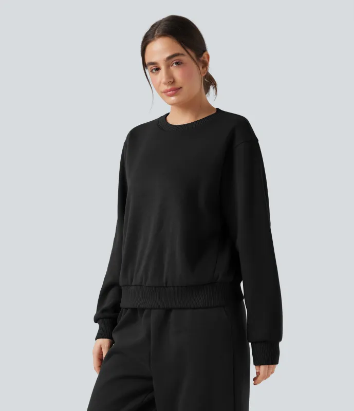 Halara Sudadera casual de algodón de manga larga con polar y cuello redondo con bolsillos - Black - M sold by Halara