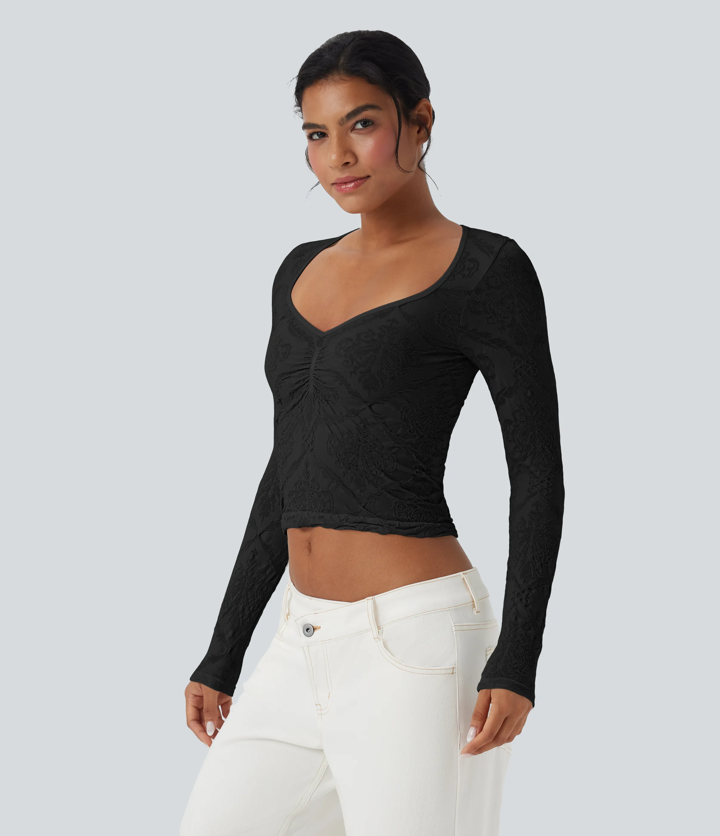 Halara Top deportivo casual jacquard de manga larga con escote en forma de corazón sin costuras - Black - M sold by Halara product image thumbnail 4