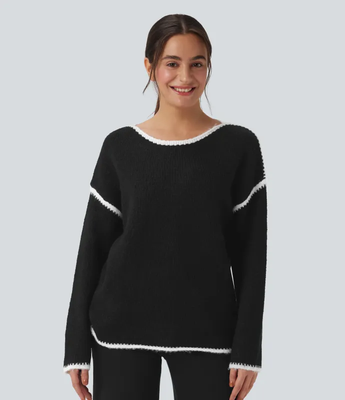 Halara Suéter casual relajado con bloques de color - Black - L sold by Halara