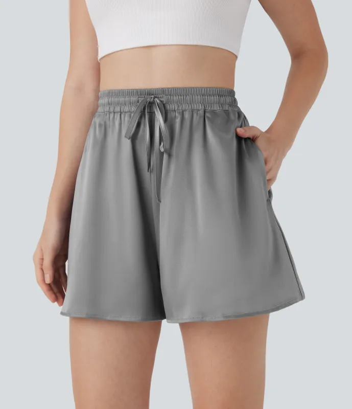 Halara Shorts casuales holgados de satén y tiro alto con bolsillos laterales y cordón - Alloy - L sold by Halara