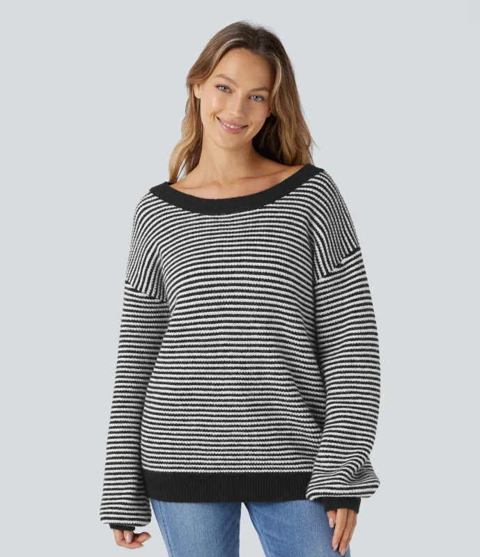 Halara Suéter relajado hombro caído cuello redondo rayas bloque color - Black - S sold by Halara