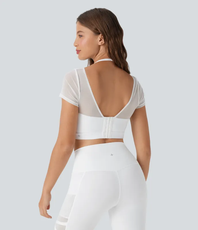 Halara Top deportivo de yoga 2 en 1 de malla en contraste con cuello halter y espalda descubierta - White - XL sold by Halara