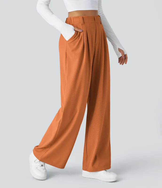 Halara Pantalones Halara Flex™ de oficina anchos plisados de tiro alto con bolsillos en tela tipo gofre - Apricot Orange - M(tall) sold by Halara