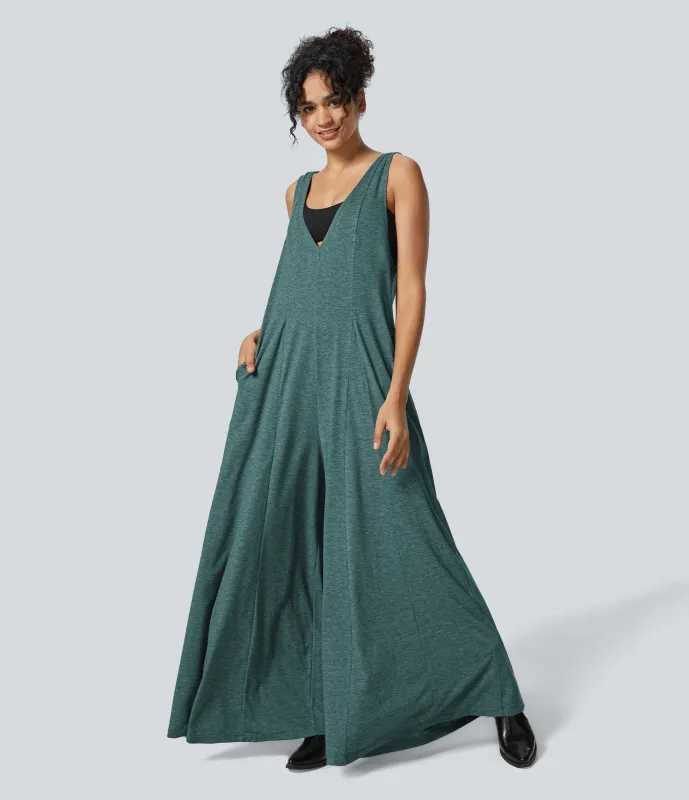 Halara Mono casual fluido drapeado con bolsillo lateral y cuello en V - Jade Green Floral Yarn - XS(regular) sold by Halara