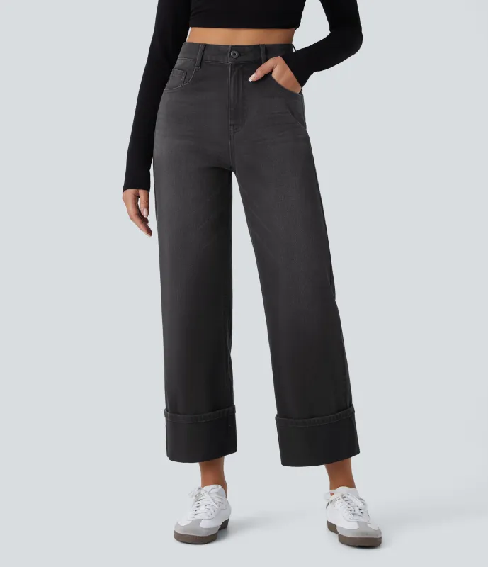 Halara Jeans casuales anchos elásticos Halara Flex™ lavados de tiro alto con varios bolsillos y dobladillo enrollado - Deep Ink Black Denim - M(regular) sold by Halara