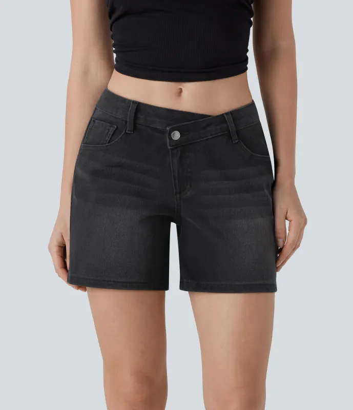 Halara Pantalón corto Halara Flex™ Denim mezclilla elástico lavado múltiple bolsillo tiro bajo asimétrico - Deep Ink Black Denim - L(regular) sold by Halara