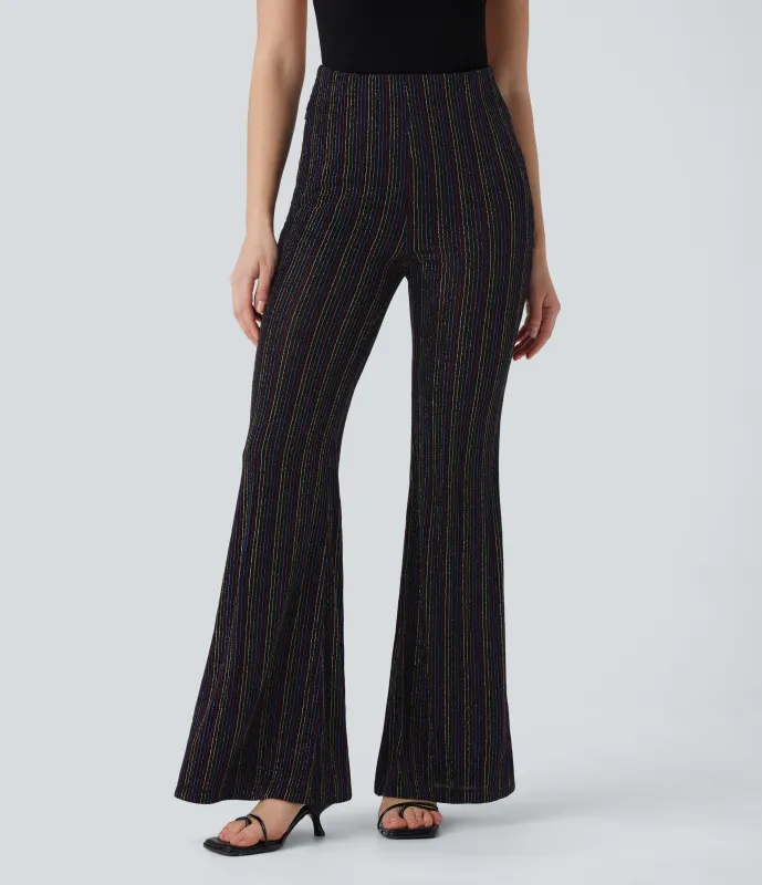Halara Pantalón acampanado tiro alto bolsillo lateral cremallera raya metálica - Colorful Black Starlight Stripe - L(regular) sold by Halara