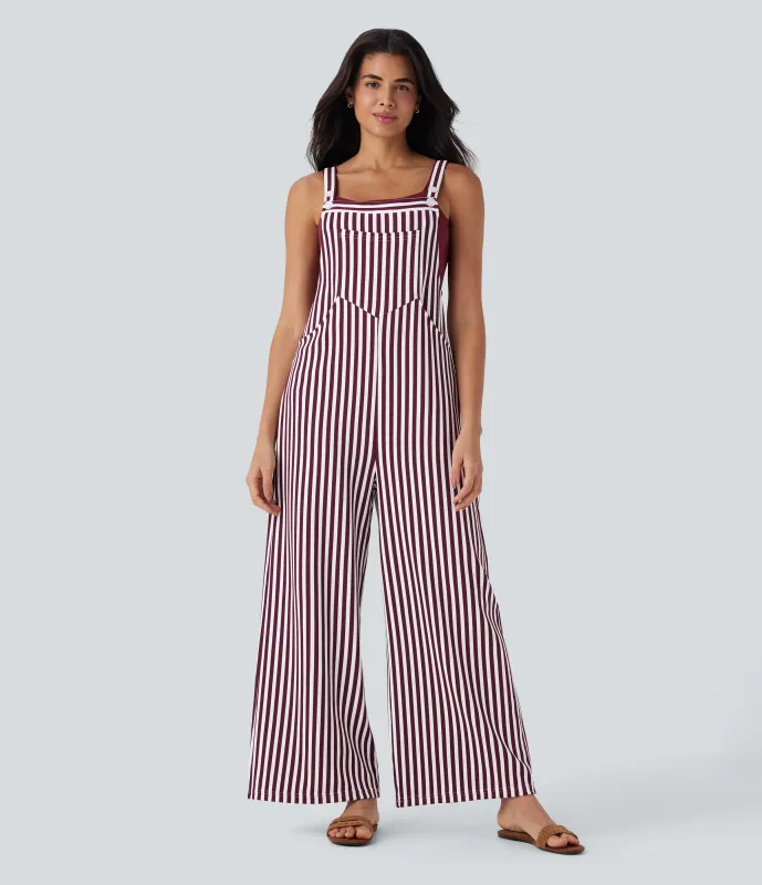 Halara Overol resort gofre raya múltiple bolsillo botón correa ajustable - Wine Stripe - XS(regular) sold by Halara