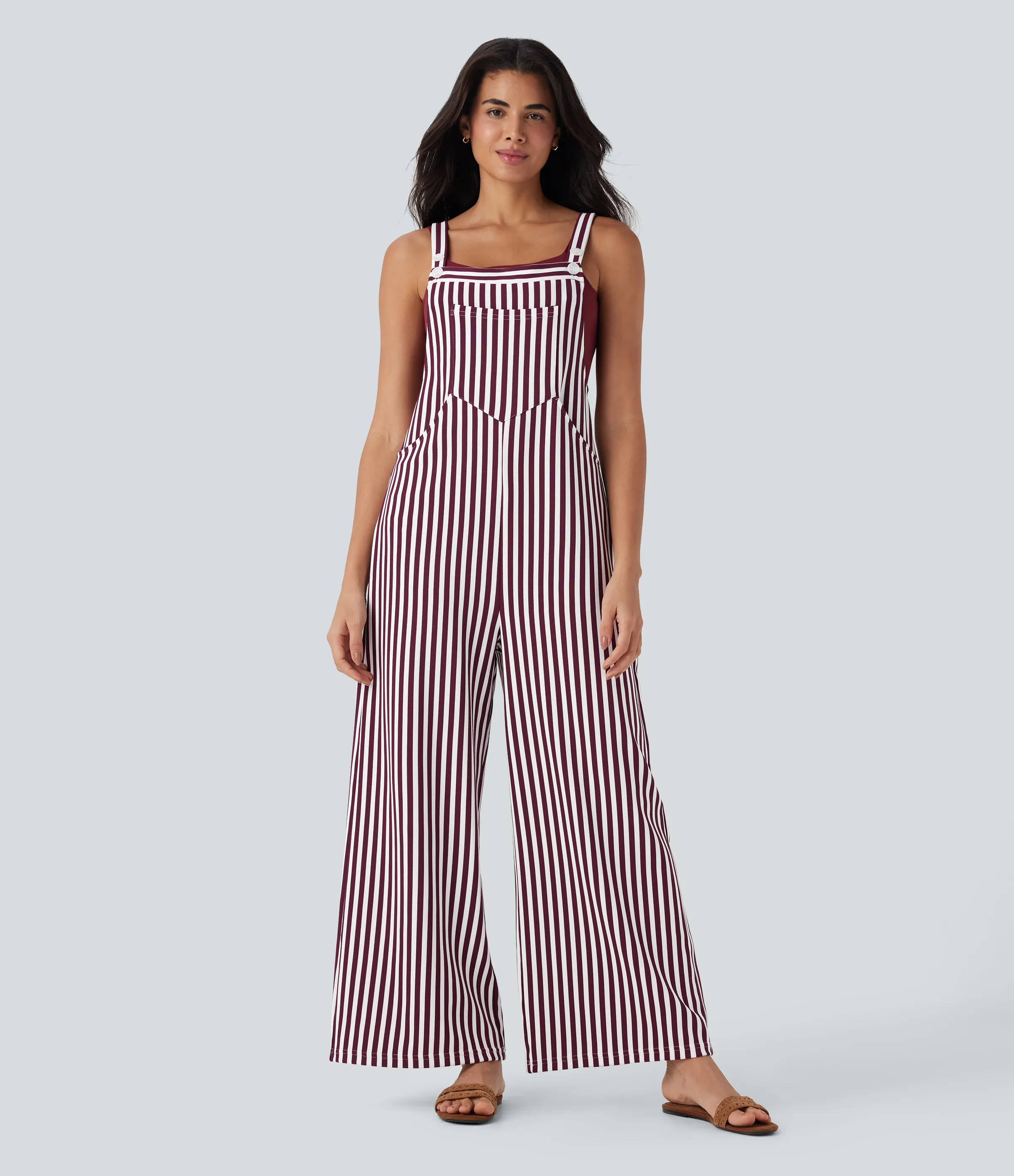 Halara Overol resort gofre raya múltiple bolsillo botón correa ajustable - Wine Stripe - XS(regular) sold by Halara product image thumbnail 2