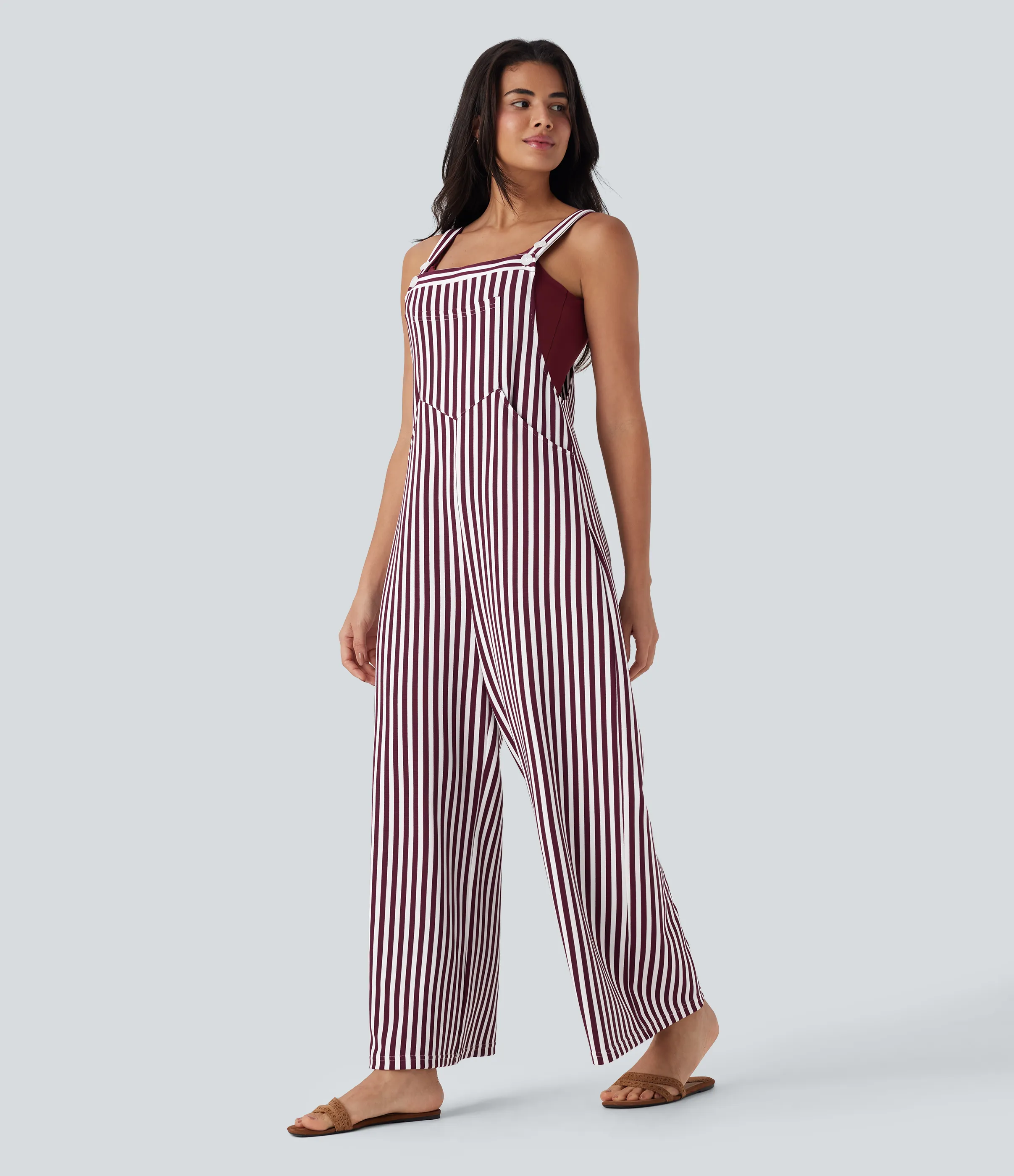 Halara Overol resort gofre raya múltiple bolsillo botón correa ajustable - Wine Stripe - XS(regular) sold by Halara product image thumbnail 4