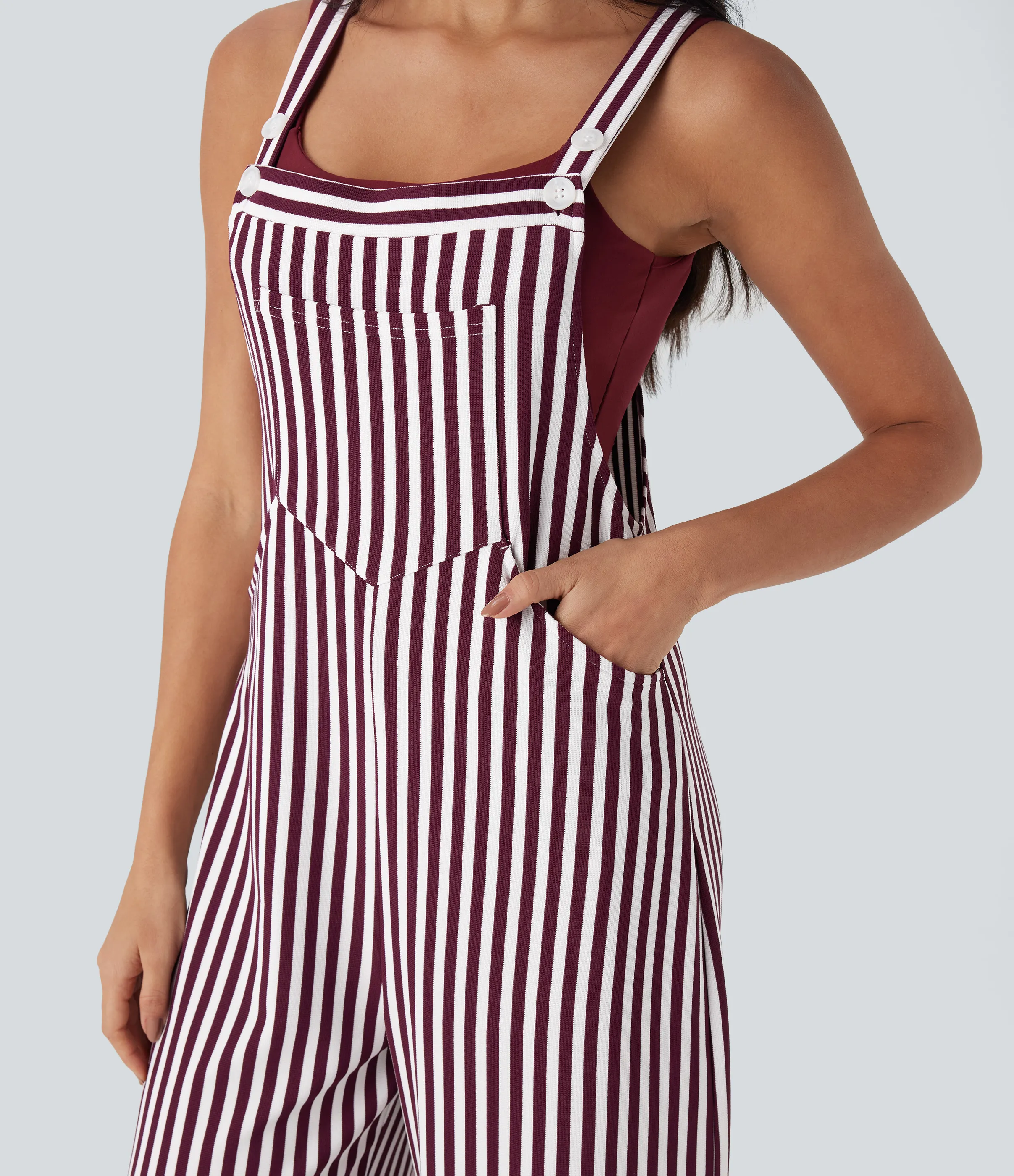 Halara Overol resort gofre raya múltiple bolsillo botón correa ajustable - Wine Stripe - XS(regular) sold by Halara product image thumbnail 5