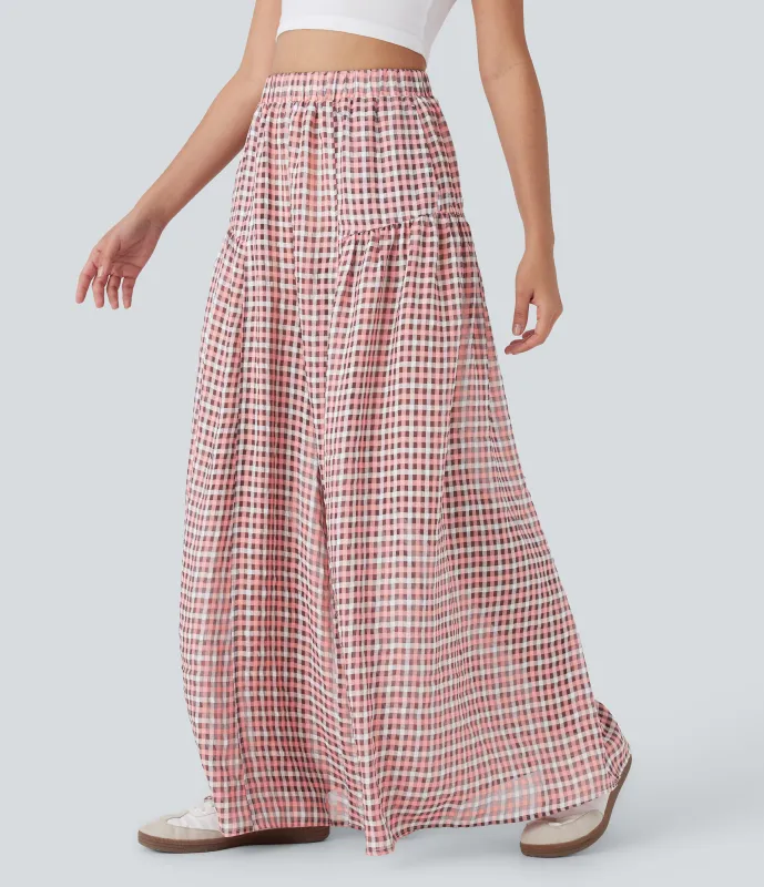 Halara Pantal贸n cuadro holgado pierna ancha bolsillo lateral tiro alto - Pink White Gradient Plaid - XL(regular) sold by Halara