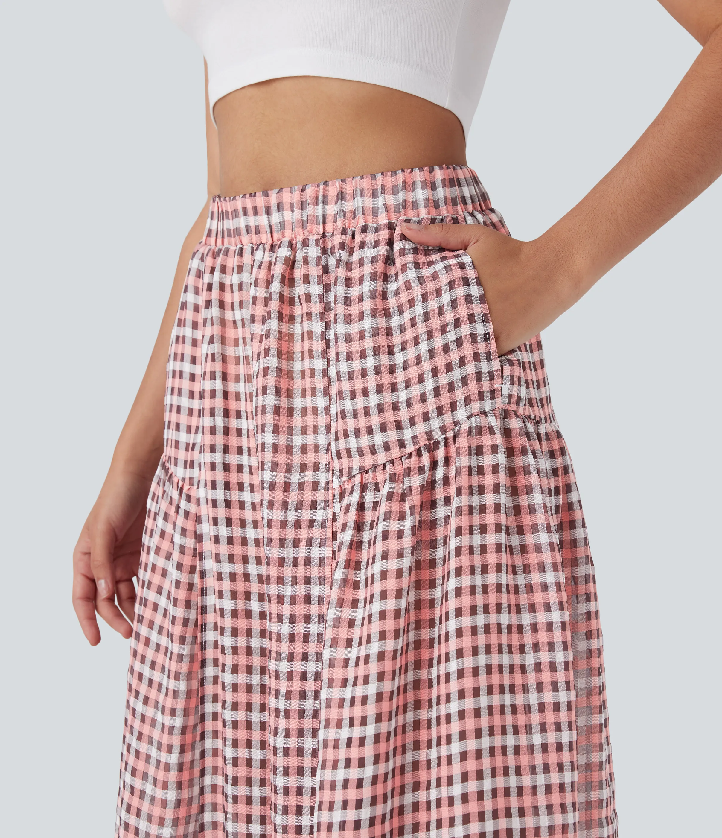 Halara Pantalón cuadro holgado pierna ancha bolsillo lateral tiro alto - Pink White Gradient Plaid - XL(regular) sold by Halara product image thumbnail 5