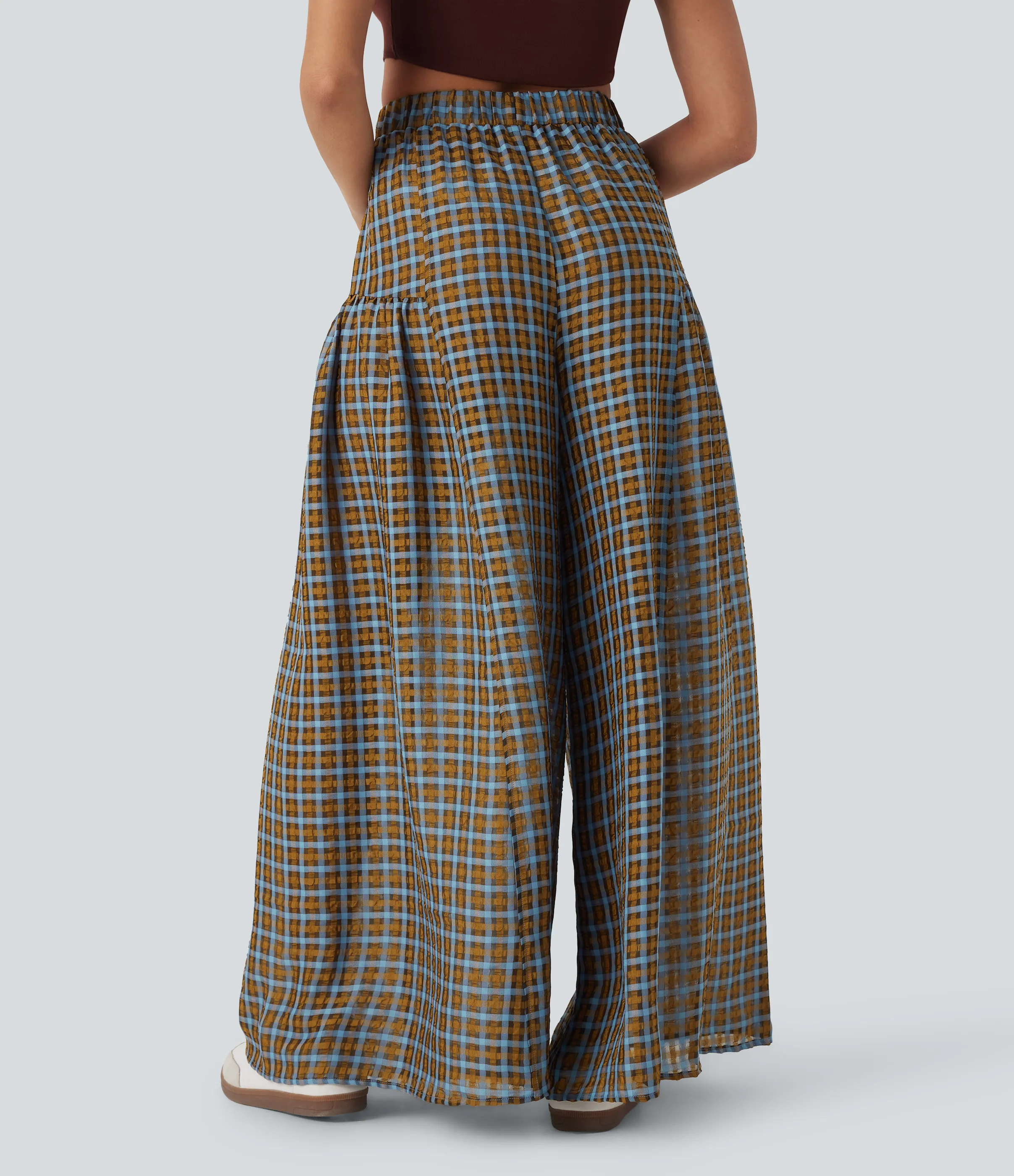 Halara Pantalón cuadro holgado pierna ancha bolsillo lateral tiro alto - Blue Brown Gradient Plaid - M(regular) sold by Halara product image thumbnail 3