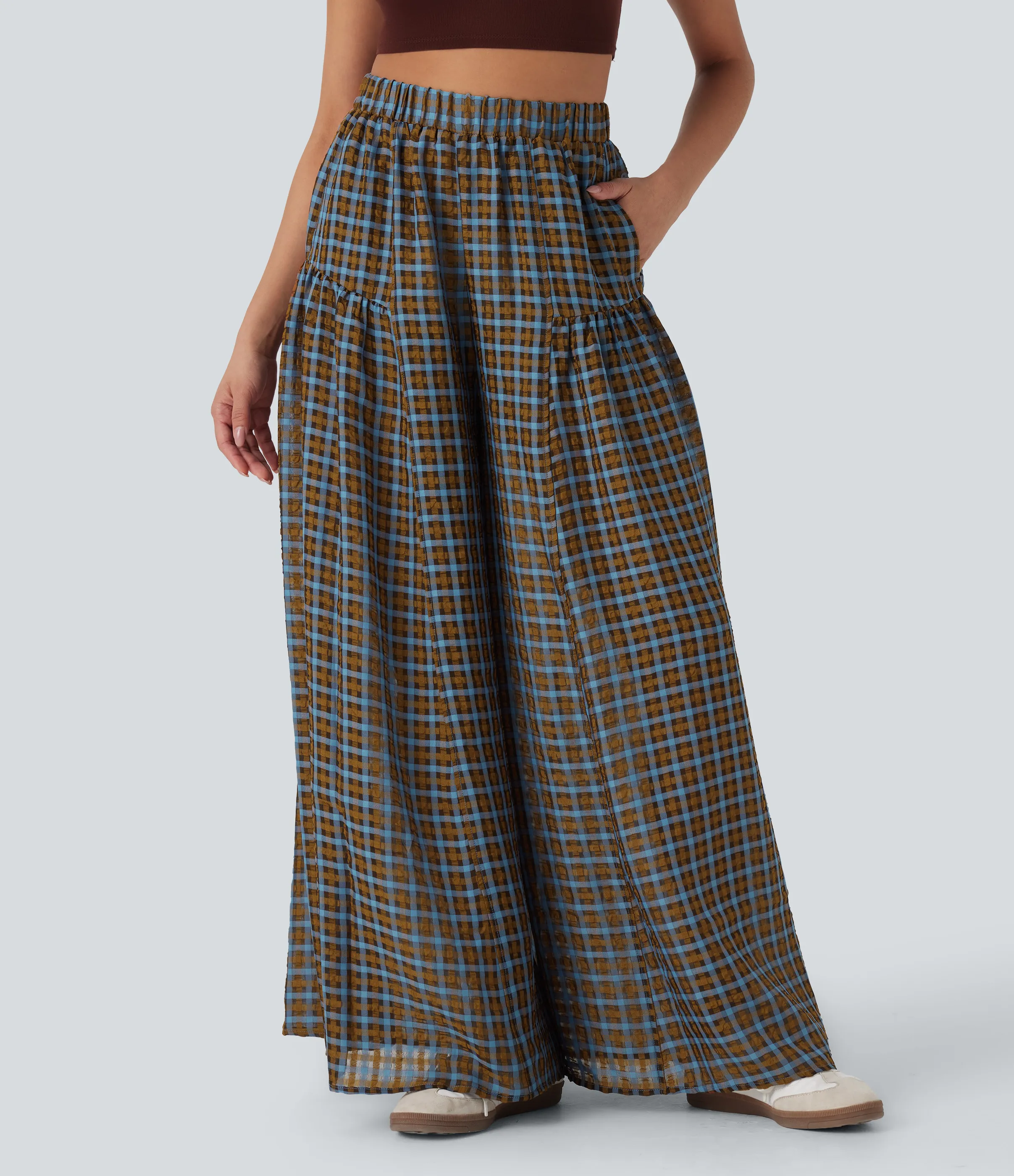 Halara Pantalón cuadro holgado pierna ancha bolsillo lateral tiro alto - Blue Brown Gradient Plaid - M(regular) sold by Halara product image thumbnail 4