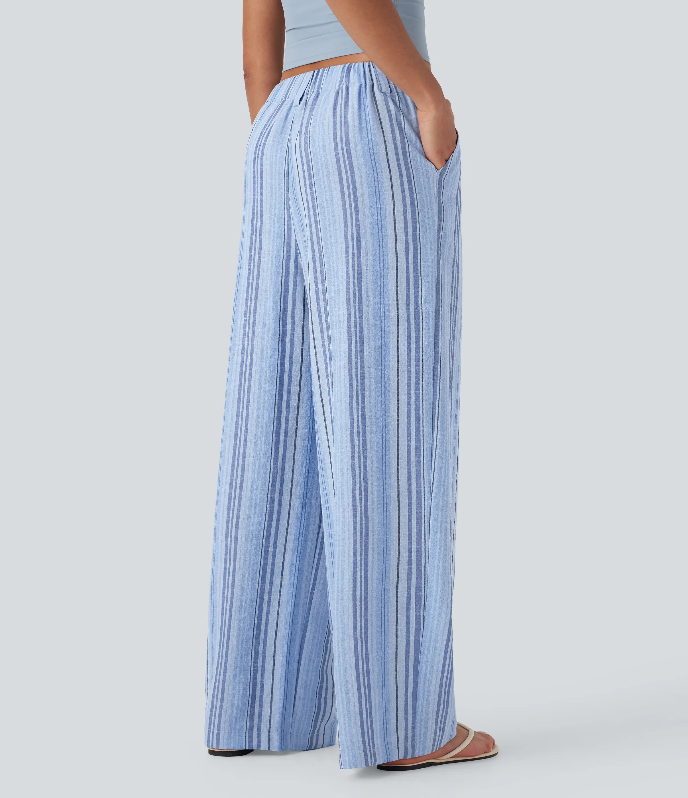 Halara Pantalones anchos casuales de lino a rayas con tiro alto y bolsillos - Bohemia Yarn Dye Blue Stripe - L(regular) sold by Halara product image thumbnail 3