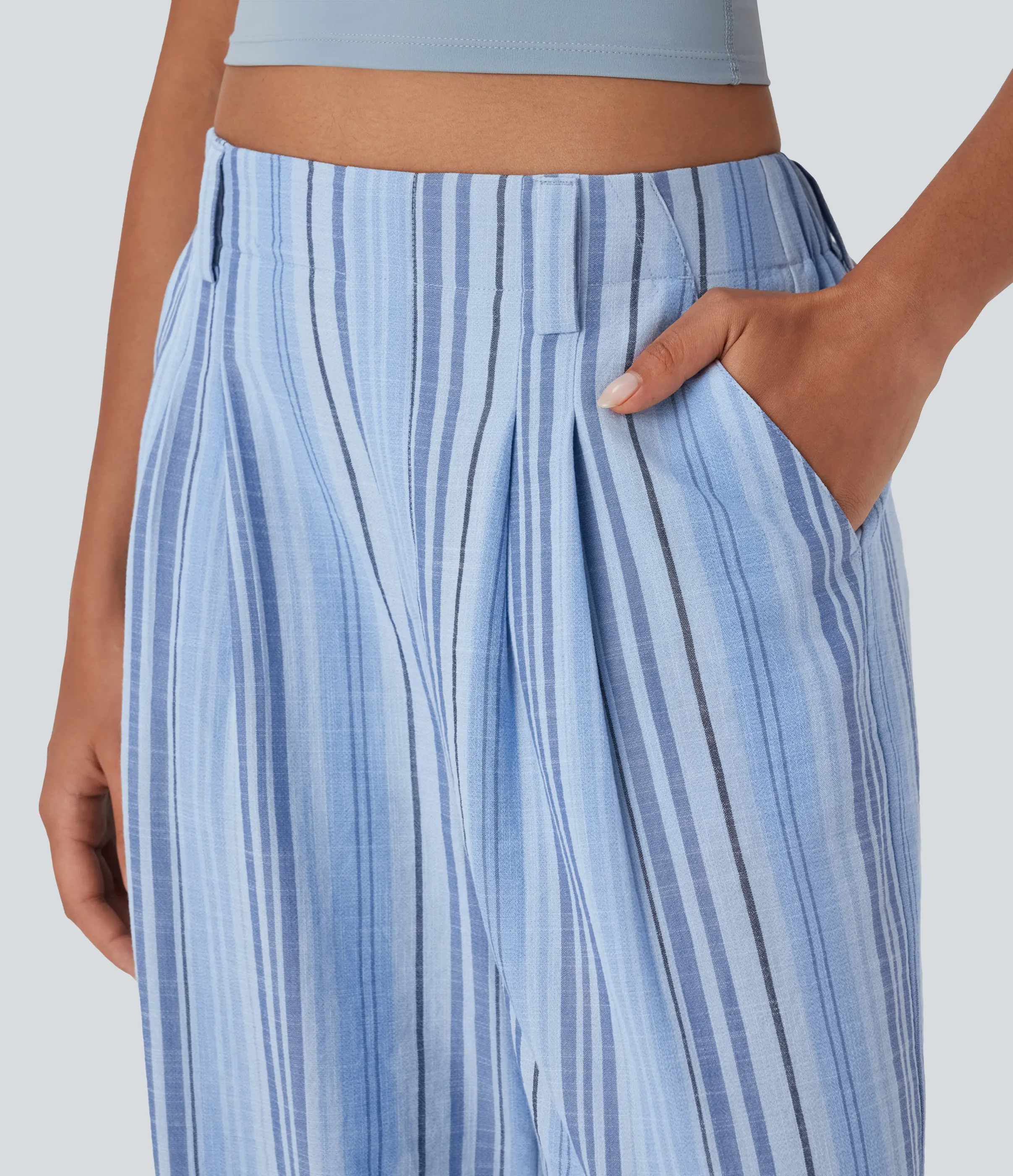 Halara Pantalones anchos casuales de lino a rayas con tiro alto y bolsillos - Bohemia Yarn Dye Blue Stripe - L(regular) sold by Halara product image thumbnail 5