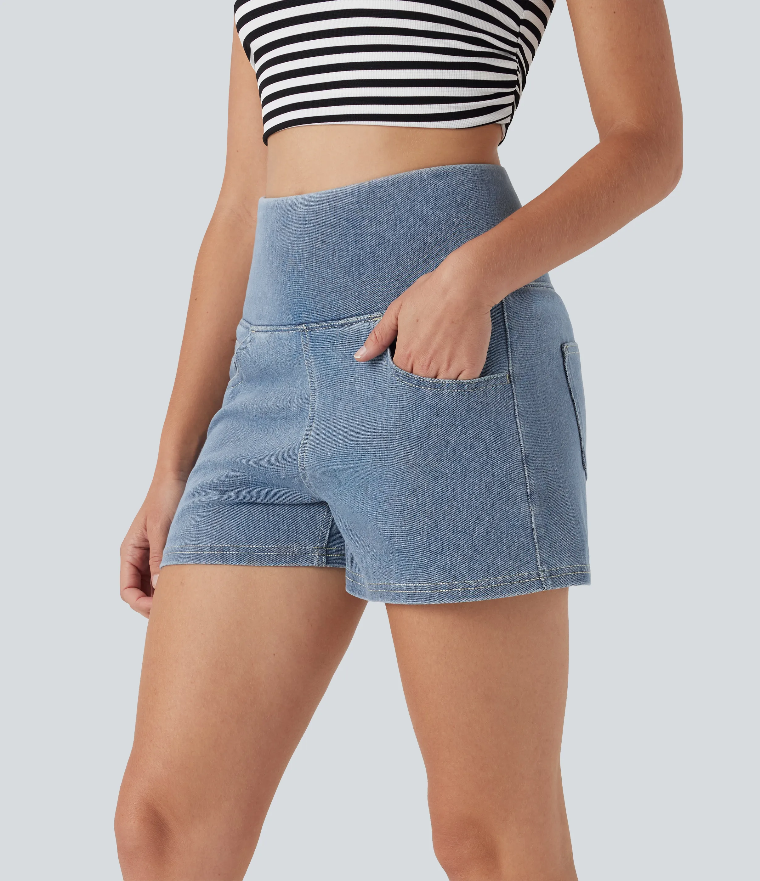 Halara Shorts Halara Flex™ Denim mezclilla moldeadores elástica de tiro alto y reductor de abdomen con bolsillos - Malibu Blue Denim - M(regular) sold by Halara