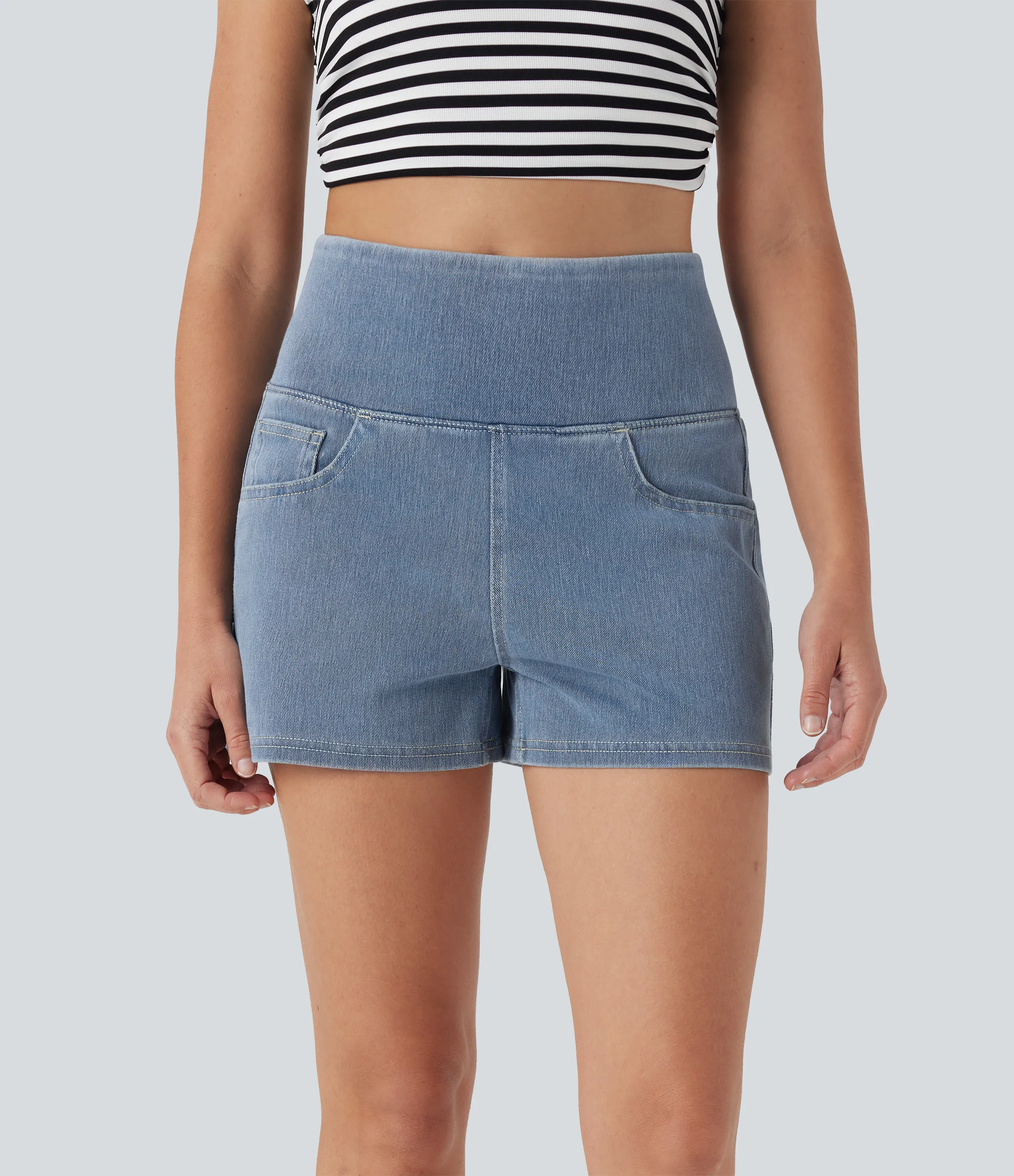Halara Shorts Halara Flex™ Denim mezclilla moldeadores elástica de tiro alto y reductor de abdomen con bolsillos - Malibu Blue Denim - M(regular) sold by Halara product image thumbnail 4