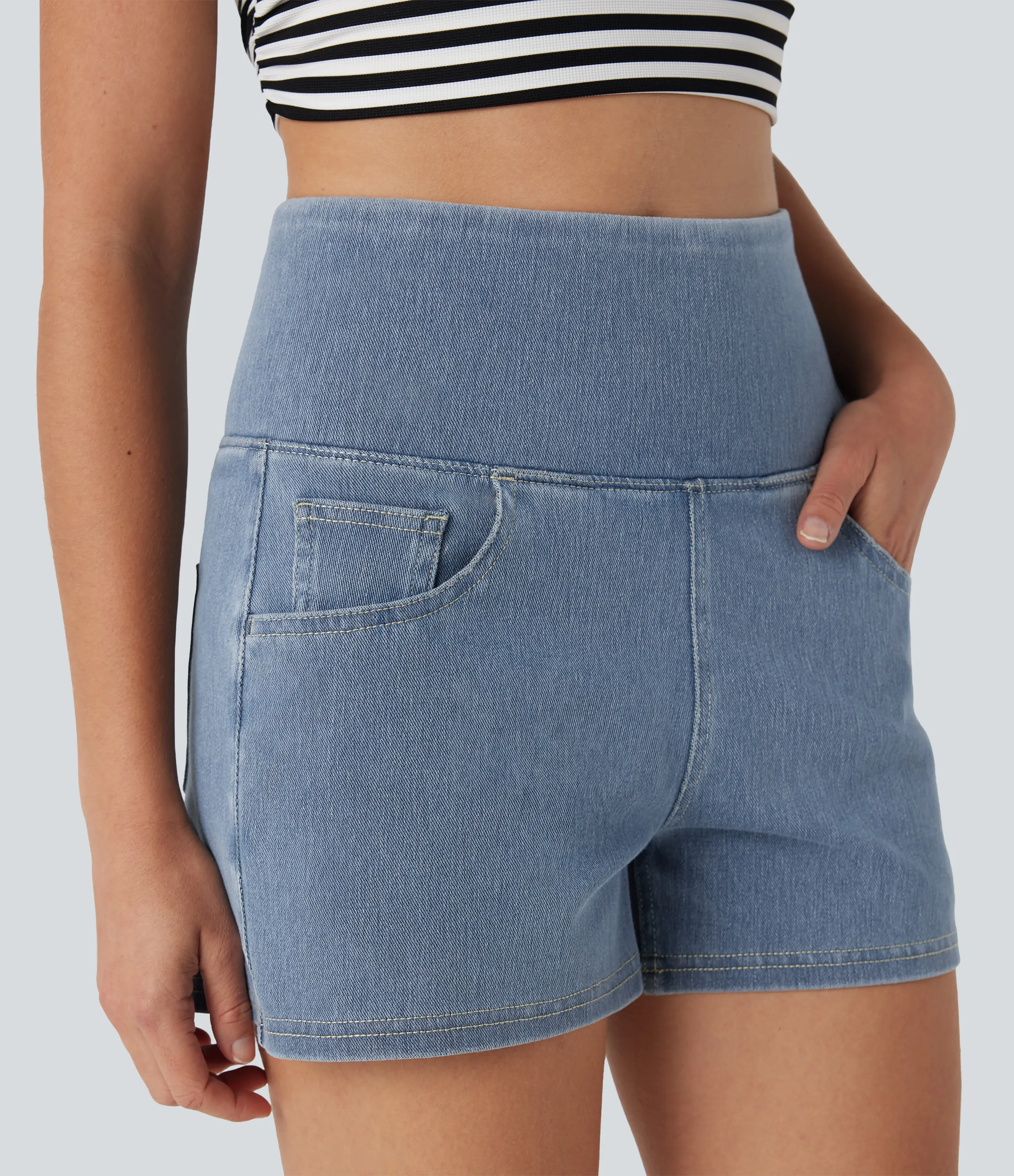 Halara Shorts Halara Flex™ Denim mezclilla moldeadores elástica de tiro alto y reductor de abdomen con bolsillos - Malibu Blue Denim - M(regular) sold by Halara product image thumbnail 5