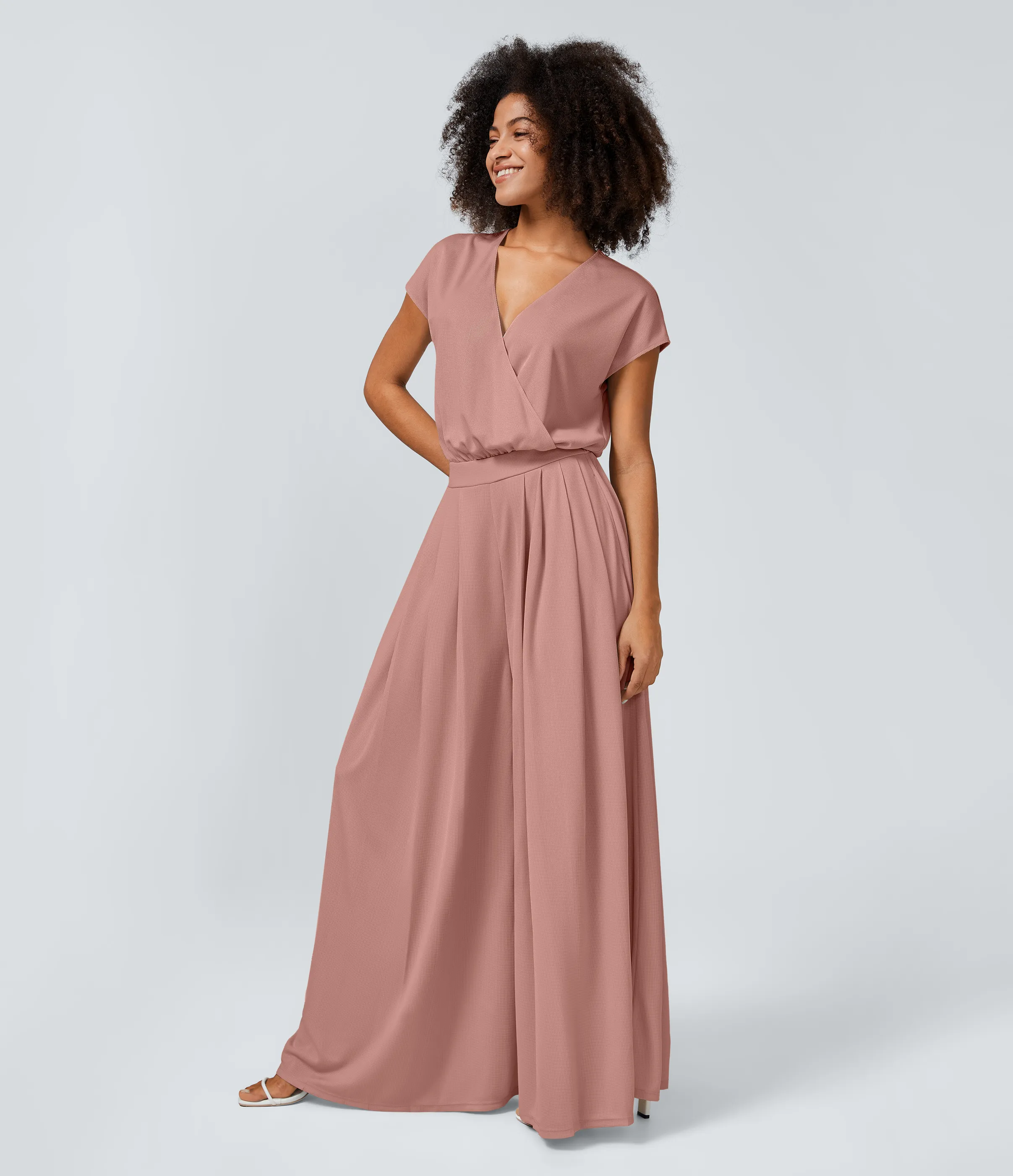 Halara Mono cuello V manga corta bolsillo lateral plisado pierna ancha - Rose Dawn - XS(tall) sold by Halara product image thumbnail 4