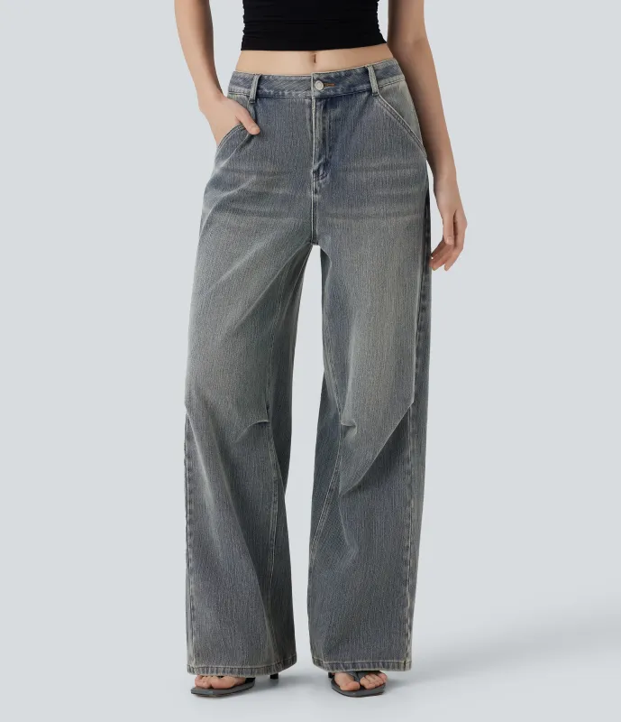 Halara Jeans Baggy Halara Flex™ Denim vaquero elástico tiro bajo estilo lavado pierna ancha múltiple bolsillo - Sunset Blue Denim - S(regular) sold by Halara