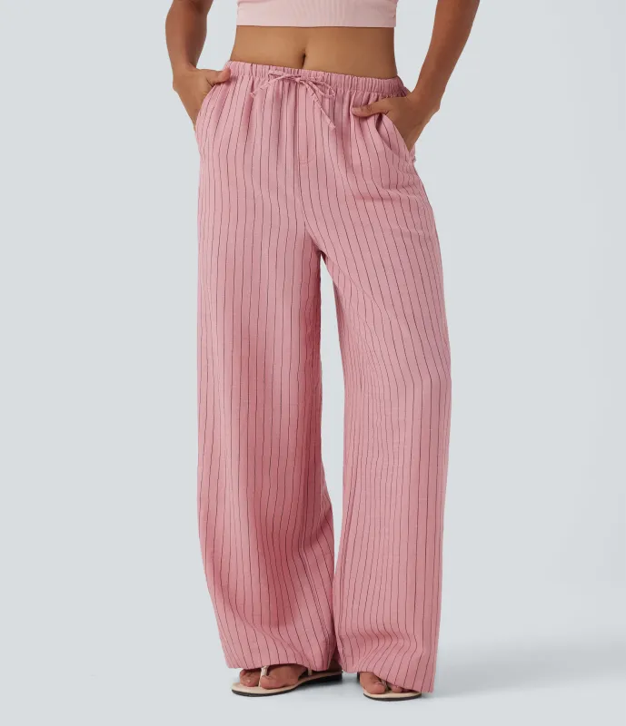 Halara Pantalones casuales de lino con tiro medio, cordón ajustable, pierna ancha y bolsillos - Candy Pink Black Yarn Dye Stripes - XS(regular) sold by Halara