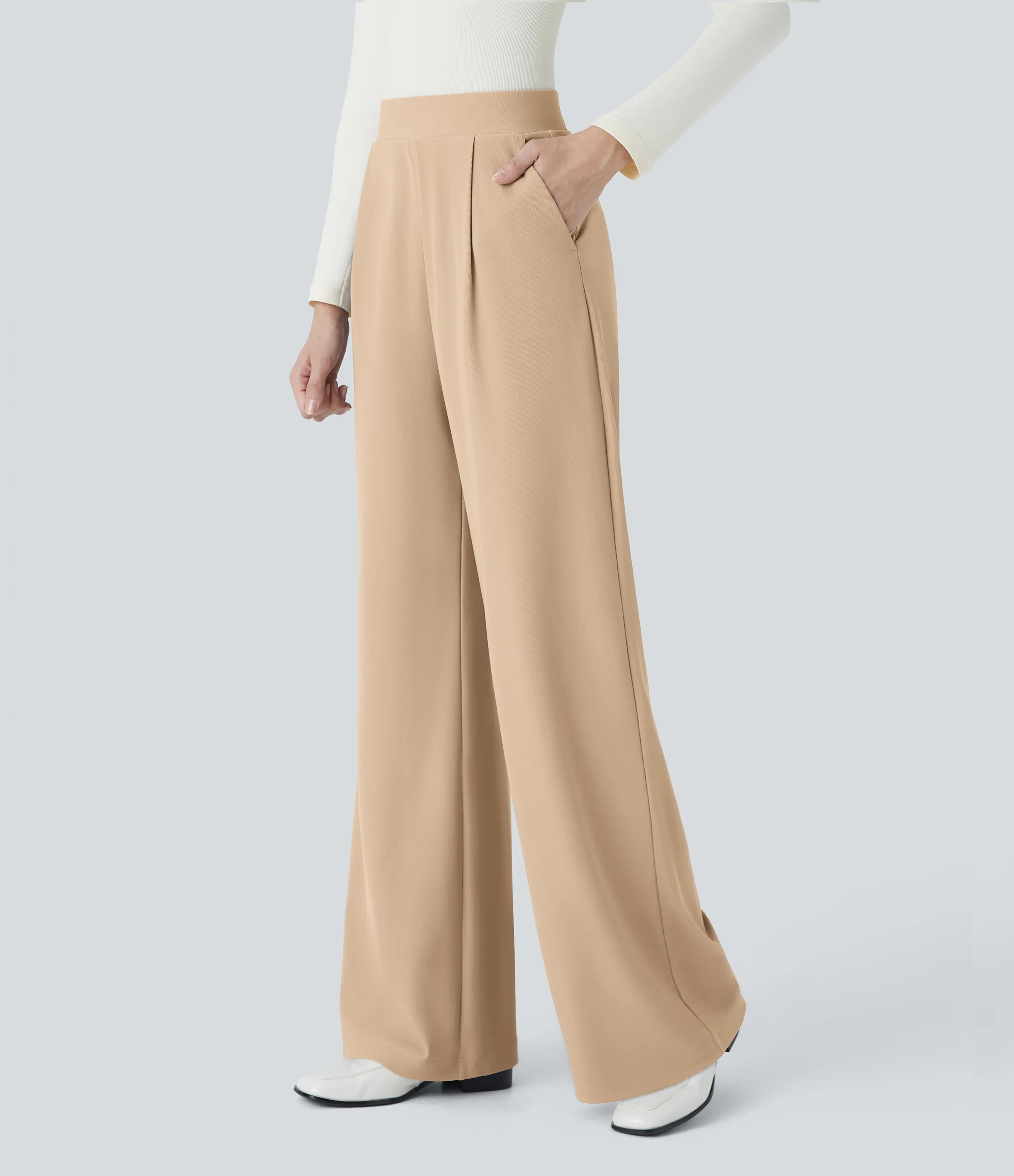 Halara Pantalón Halara Flex™ oficina tiro alto control abdomen adelgazan tiro bolsillo lateral pierna ancha micro gofre - Mellow Buff - S(regular) sold by Halara product image thumbnail 4