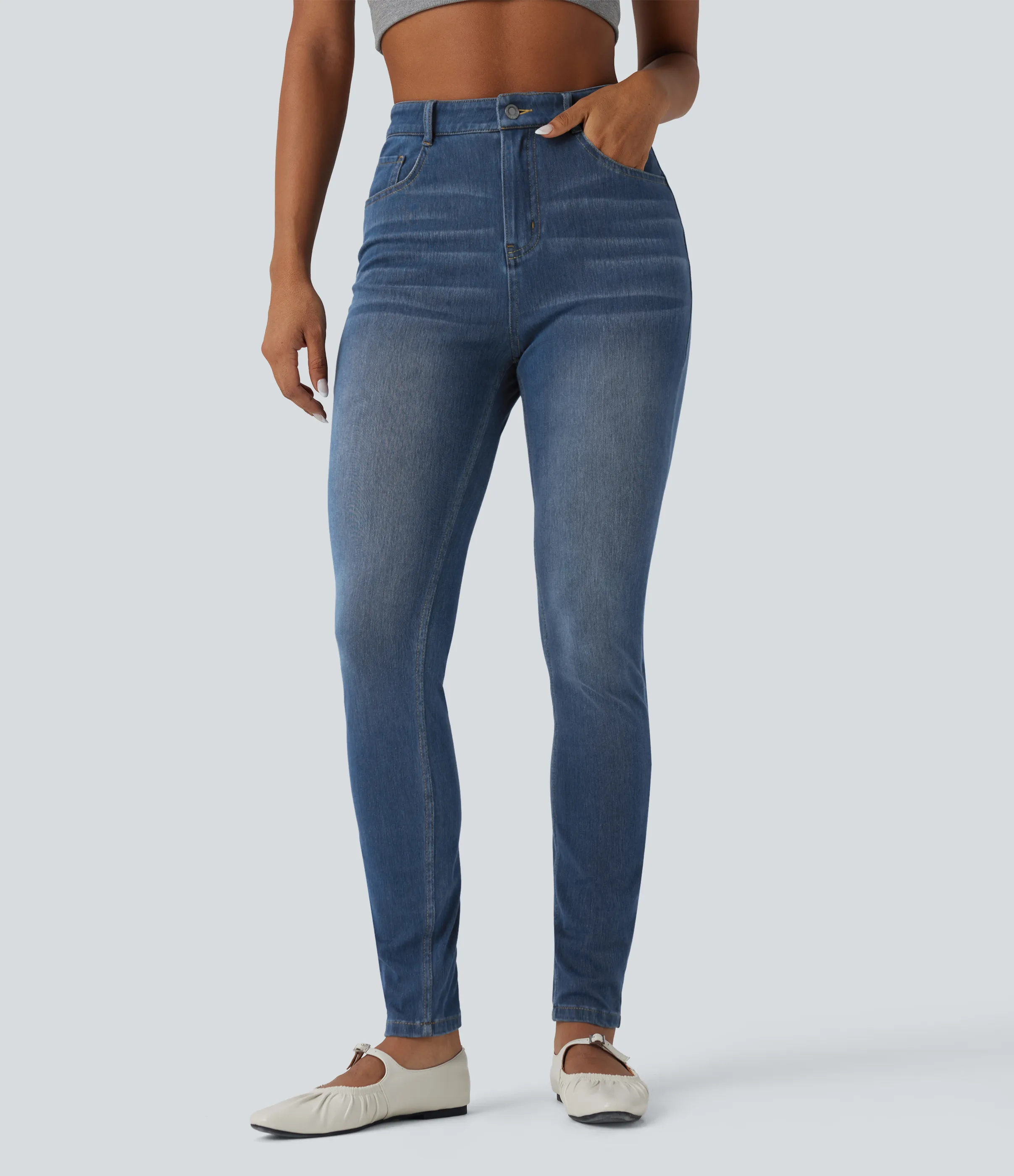 Halara Jeans ajustados casuales Halara Flex™ de tiro alto con bolsillos - Tide Blue Denim - L(tall) sold by Halara product image thumbnail 4