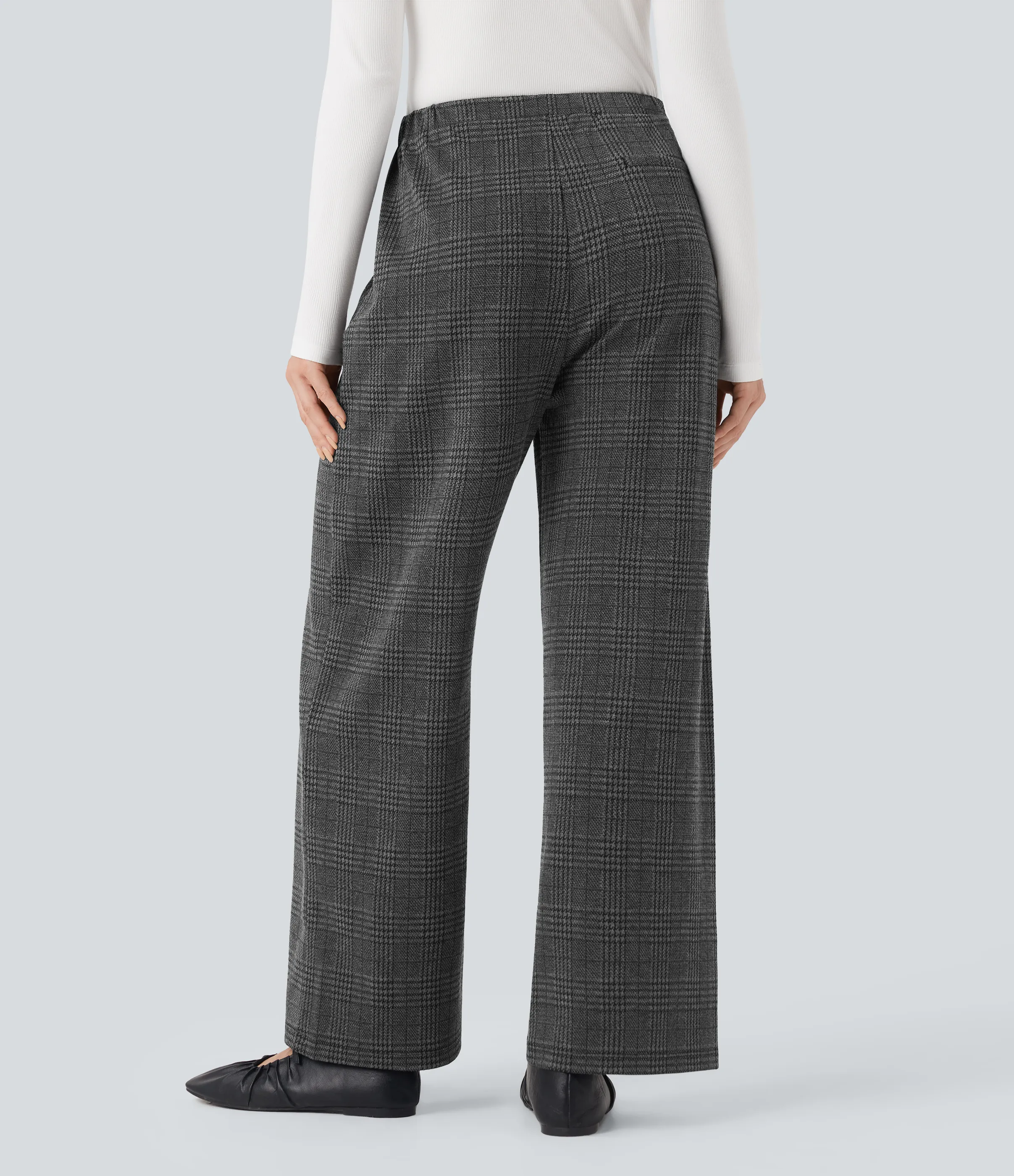 Halara Pantalones de oficina rectos Halara Flex™ de tiro medio con cordón a cuadros y bolsillos - Charcoal Black Houndstooth Plaid - M(regular) sold by Halara product image thumbnail 3