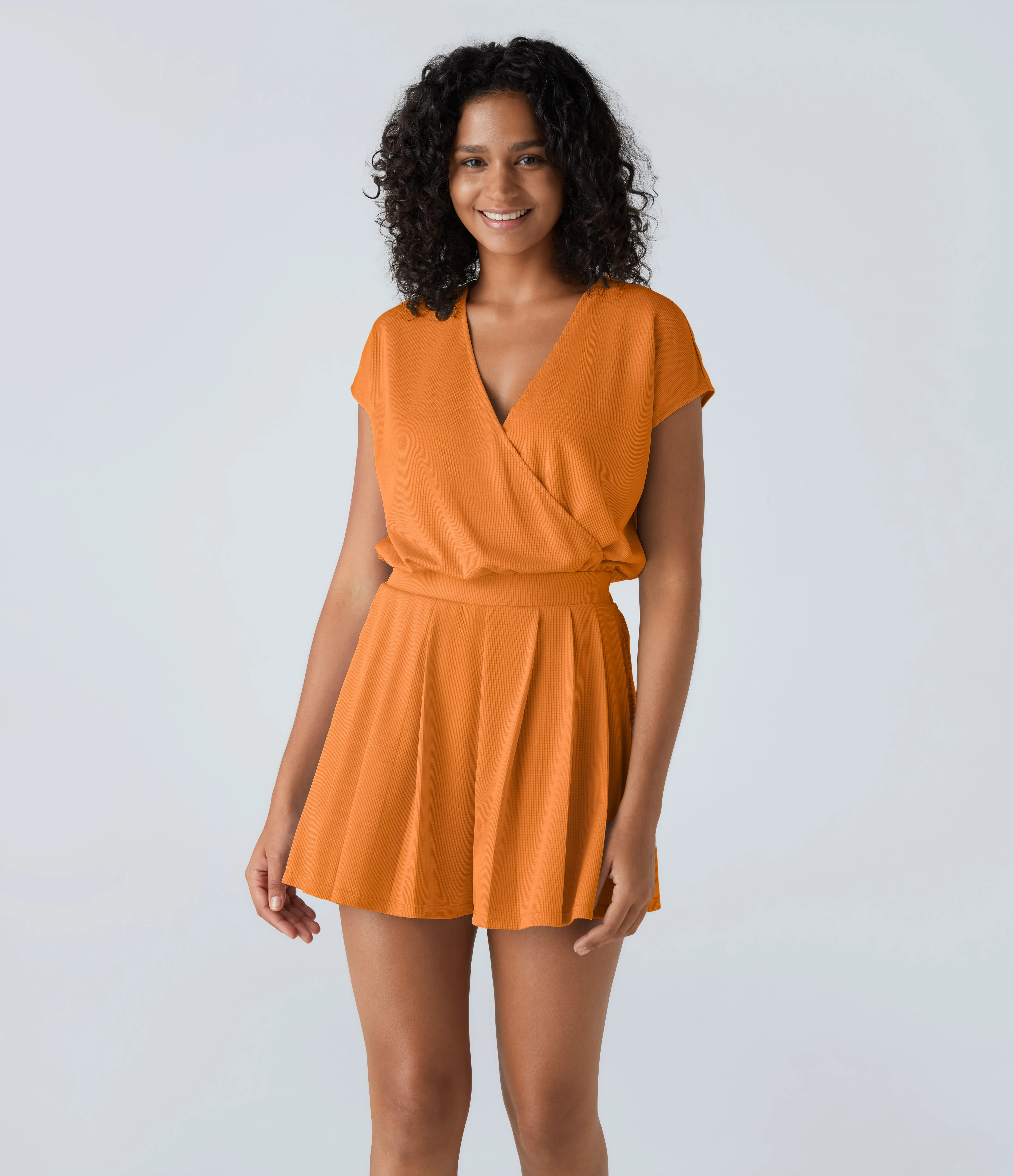 Halara Mono cuello V manga corta bolsillo lateral plisado gofre - Sunshine Orange - XS sold by Halara