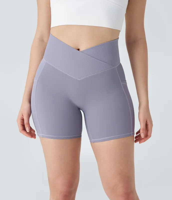 Halara Pantalón corto Halara UltraSculpt™ ciclista entrenamiento bolsillo lateral cruzado canalé tiro alto 12.5cm - Falling Gray Purple - M sold by Halara