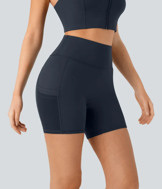 Halara Pantalón corto yoga ciclista tiro alto múltiple bolsillo malla contrastante 12.5cm - Midnight Blue - L sold by Halara