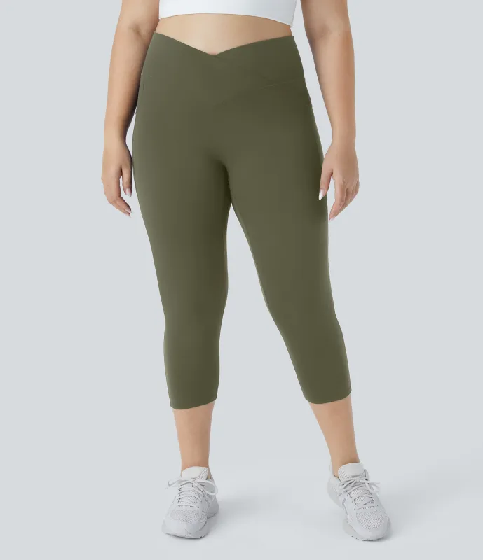 Halara Leggings Capri Softlyzero™ Yoga talla grande bolsillo cruzado tiro alto UPF50+ - Grass Grey Green - 2X made by Halara