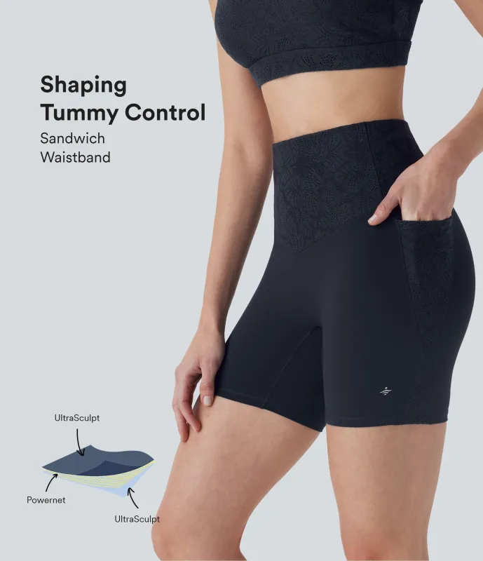 Halara Shorts biker moldeadores Halara UltraSculpt™ de tiro alto reductor de abdomen con encaje en contraste de 12,7cm con bolsillos laterales - Carbon - XS sold by Halara