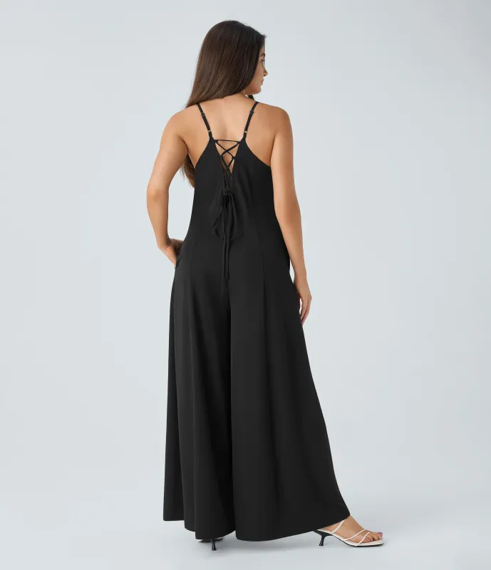 Halara Mono resort pierna ancha bolsillo lateral cremallera invisible correa ajustable cordón cruzado sin espalda - Black - S sold by Halara