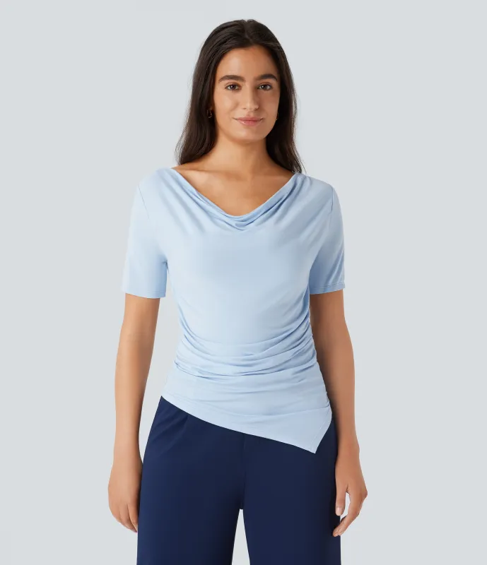 Halara Blusa oficina cuello vuelto manga corta dobladillo fruncido asimétrico - Country Air - S sold by Halara