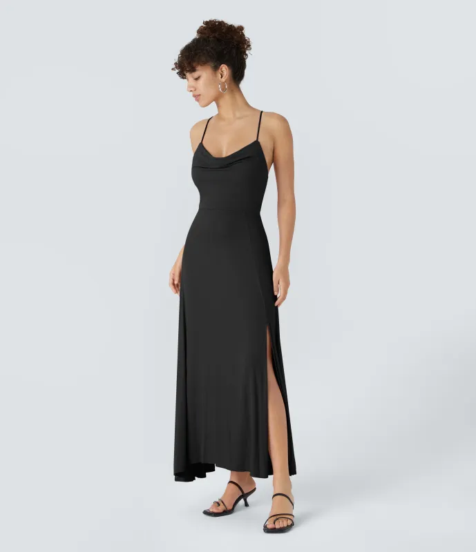 Halara Vestido fiesta midi abertura cordón cruzado sin espalda cuello vuelto acanalado - Black - L sold by Halara